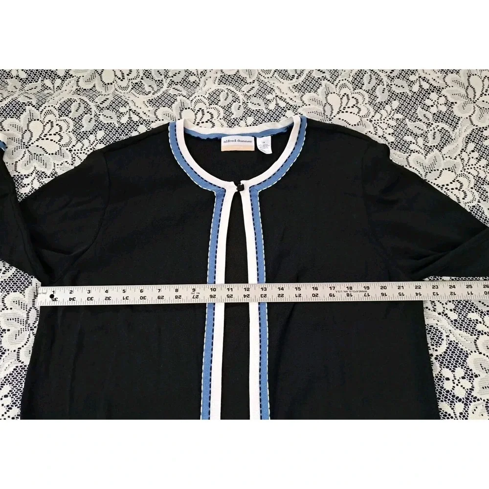 Alfred Dunner Sweater Womens 1X Black/Blue White Trim Two-Fer Cardigan Polyester
